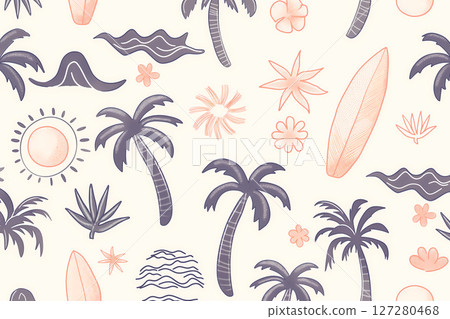 Tropical summer pattern with tropical fruits and palm trees 127280468