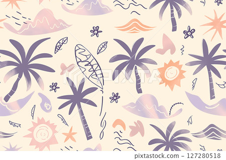 Tropical summer pattern with tropical fruits and palm trees 127280518