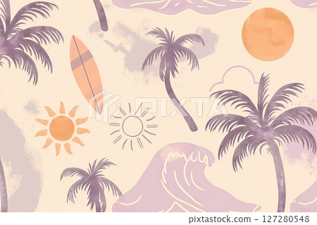 Tropical summer pattern with tropical fruits and palm trees 127280548