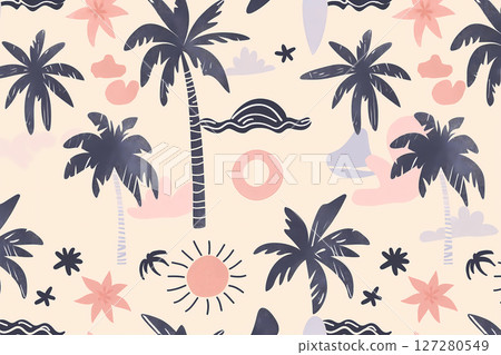 Tropical summer pattern with tropical fruits and palm trees 127280549