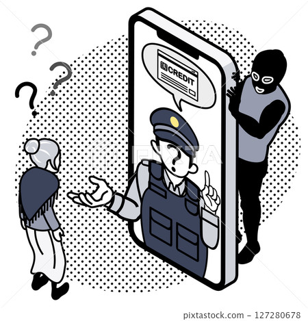 Special fraud - Fake police officer and senior woman on smartphone demanding credit card, scammer watching the situation Special fraud - Fake police officer and senior woman on smartphone demanding credit card, scammer watching the situation 127280678