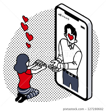 Romance scam - Woman handing over money to male scammer on her phone 127280682