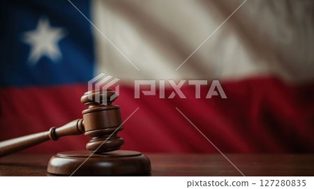 Judge gavel on wooden table with Chilean flag behind 127280835