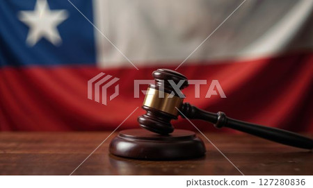Wooden judge gavel with Chile flag in the background 127280836