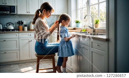 Mother Braiding Daughters Hair Before School 127280857