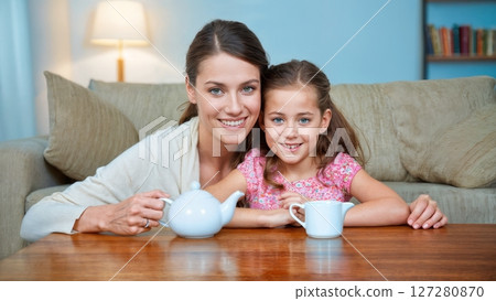 Mother and Daughter Having Tea in Cozy Living Room Mother and Daughter Having Tea in Cozy Living Room 127280870