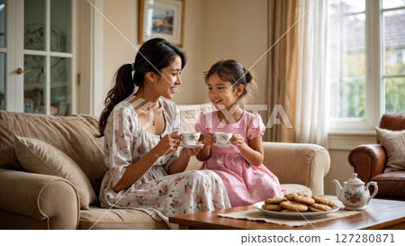 Mother and Daughter Having Tea in Cozy Living Room Mother and Daughter Having Tea in Cozy Living Room 127280871