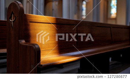 Contemplative Empty Pew, Soft Light, Solitude, and Reflection. Ideal for spiritual retreats, personal devotion, and themes of introspection. 127280877