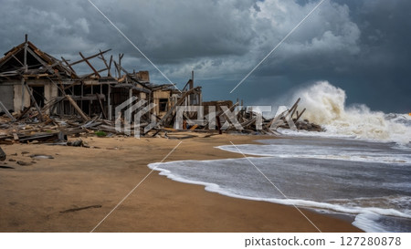Hurricane Waves Crashing Against Coastal Town Ruins 127280878