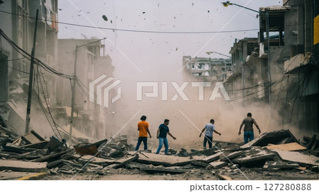 Earthquake Damage to Urban Street with Cracked Pavement and Fallen Debris 127280888
