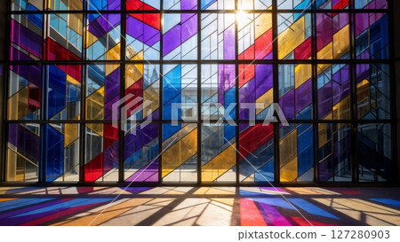 Modern Stained Glass, Abstract Patterns, Vibrant Light, and Sacred Art. Perfect for church decor, religious publications, and contemporary spiritual design. Modern Stained Glass, Abstract Patterns, Vibrant Light, and Sacred Art. Perfect for church decor, religious publications, and contemporary spiritual design. 127280903