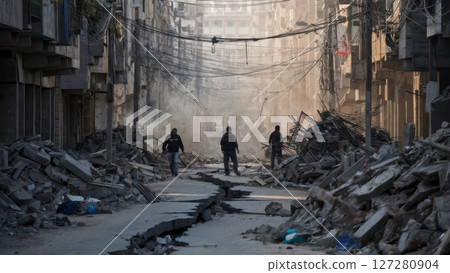 Earthquake Damage to Urban Street with Cracked Pavement and Fallen Debris 127280904