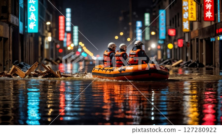 Flooded City Street at Night with Emergency Rescue Boat 127280922