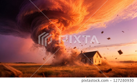 Tornado Approaching Rural Farm at Sunset 127280930