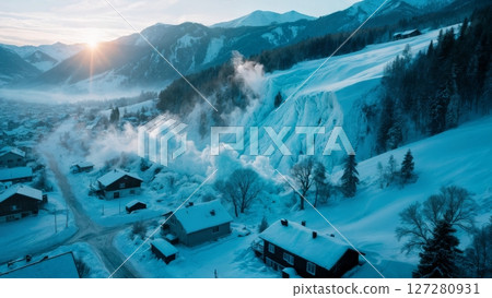 Avalanches Sweeping Through Mountain Village at Dawn Avalanches Sweeping Through Mountain Village at Dawn 127280931