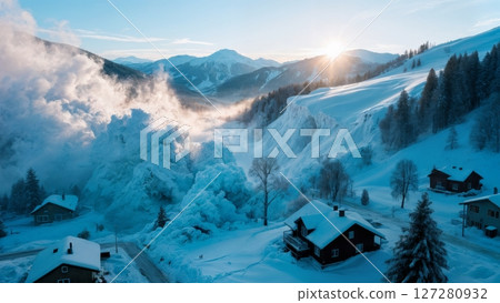Avalanches Sweeping Through Mountain Village at Dawn Avalanches Sweeping Through Mountain Village at Dawn 127280932