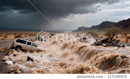 Flash Flood Submerging Desert Road Under Sudden Rainfall Flash Flood Submerging Desert Road Under Sudden Rainfall 127280933
