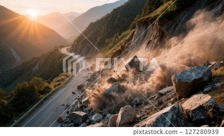 Landslide Breaking Through Mountain Road at Sunrise 127280939