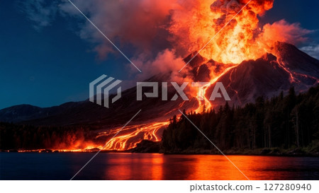 Volcanic Eruption at Night with Lava Flowing Down Mountainside Volcanic Eruption at Night with Lava Flowing Down Mountainside 127280940