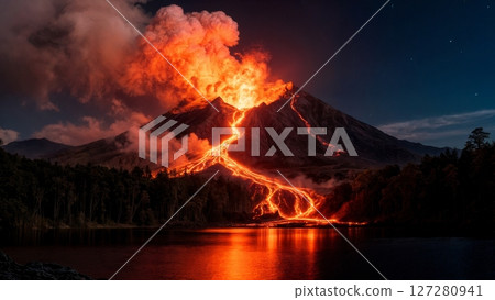 Volcanic Eruption at Night with Lava Flowing Down Mountainside Volcanic Eruption at Night with Lava Flowing Down Mountainside 127280941