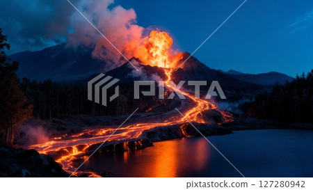 Volcanic Eruption at Night with Lava Flowing Down Mountainside Volcanic Eruption at Night with Lava Flowing Down Mountainside 127280942