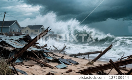 Hurricane Waves Crashing Against Coastal Town Ruins 127280944