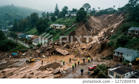 Mudslide Engulfing Hillside Neighborhood After Heavy Rainfall Mudslide Engulfing Hillside Neighborhood After Heavy Rainfall 127280978