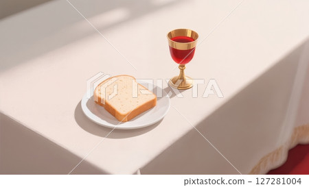 Symbolic Holy Communion, Minimalist Bread and Wine, Sacred Ritual, and Fellowship. Great for church events, theological concepts, and spiritual nourishment. 127281004