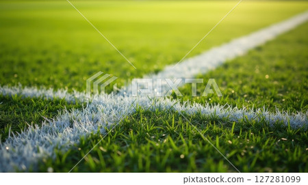 Grass stains on a white field line under sunlight 127281099