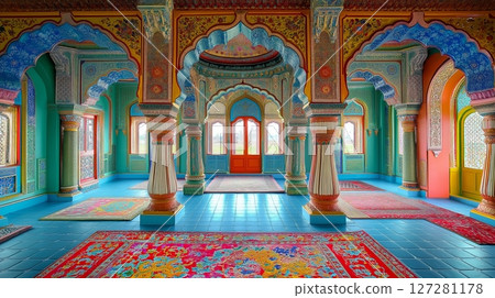 Indian palace interior with colorful walls and intricate archways. 127281178