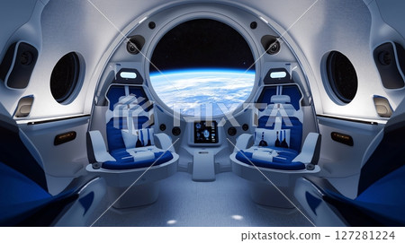 Futuristic spacecraft interior with stunning view of planet from space station 127281224