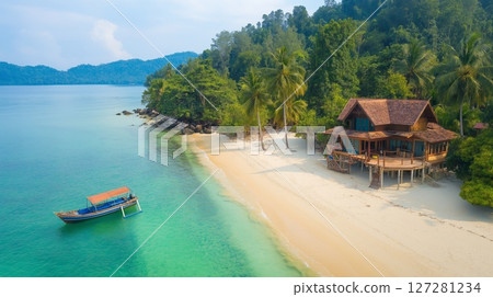 Tropical island beach view with a house and traditional wooden boat near 127281234
