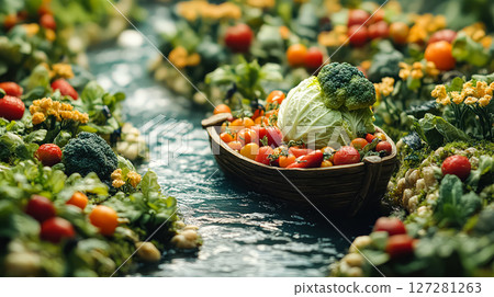 Boat filled with vegetables is floating down a river 127281263
