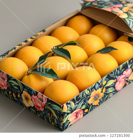 Box of oranges with a floral design on it 127281300