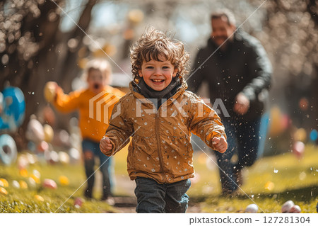 Young boy is running through a field with his father behind him 127281304