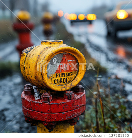 Yellow and red fire hydrant with a red cap Yellow and red fire hydrant with a red cap 127281330