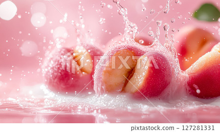 Close up of a bunch of sliced peaches with water splashing around them Close up of a bunch of sliced peaches with water splashing around them 127281331