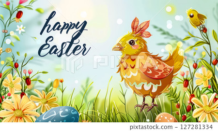 The bird is surrounded by various flowers and eggs, creating a cheerful 127281334