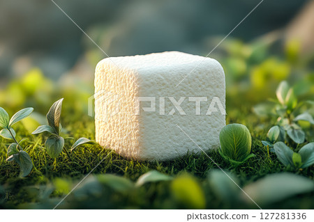 White cube is sitting on a green grassy field White cube is sitting on a green grassy field 127281336