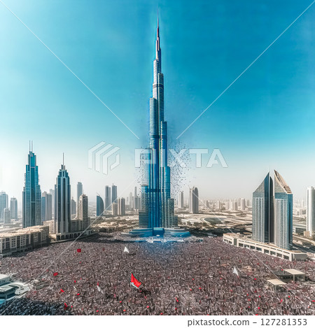 Large crowd of people are gathered in front of a tall building. 127281353