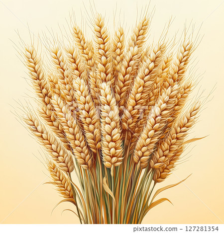 Bunch of golden wheat stalks are shown in a close up 127281354