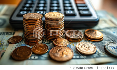 Pile of coins and a calculator on top of a stack of bills 127281355