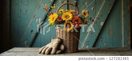 Rustic Floral Arrangement: Basket of Blooms and Work Gloves 127281365