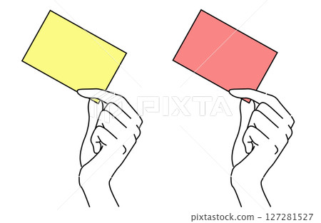 舉起黃牌和紅牌的手的向量插圖 舉起黃牌和紅牌的手的向量插圖 127281527