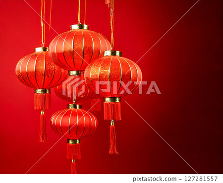 Chinese lanterns during new year festival. Chinese New Year. Red lamp in chinese style. AI Generated. 127281557