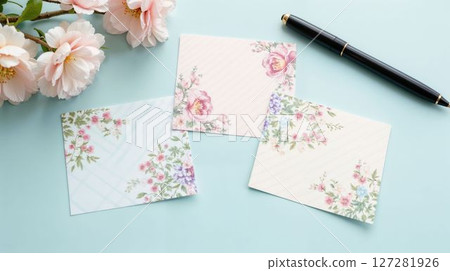 Vintage floral note cards with pen on pastel background 127281926