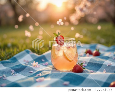 Refreshing strawberry lemonade drink on a picnic blanket at sunset 127281977