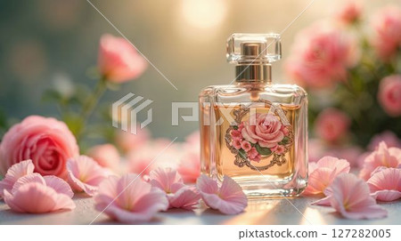Rose perfume bottle in romantic garden with pink blossoms 127282005