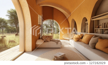 Eco friendly bedroom design with a large round window overlooking lush forest tree. 127282029