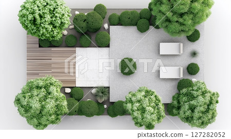 Beautiful tranquil garden with wooden deck, stone paths, and lush greenery 127282052